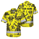 Hi Vis Hawaiian Shirt Reflective Tapes Yellow Skull Boat Custom Name Safety Workwear For Workers, Truckers, Operators