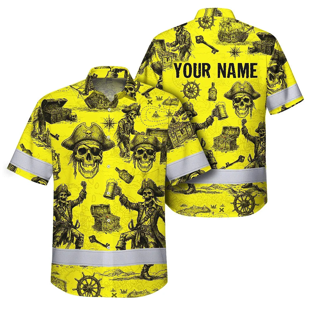 Hi Vis Hawaiian Shirt Reflective Tapes Yellow Skull Boat Custom Name Safety Workwear For Workers, Truckers, Operators