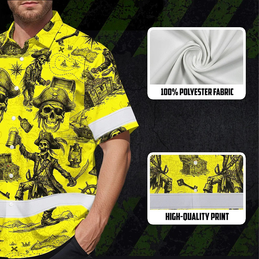 Hi Vis Hawaiian Shirt Reflective Tapes Yellow Skull Boat Custom Name Safety Workwear For Workers, Truckers, Operators