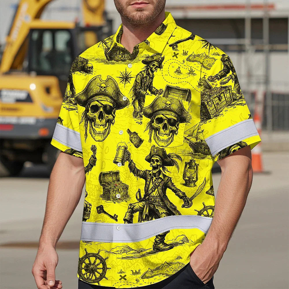 Hi Vis Hawaiian Shirt Reflective Tapes Yellow Skull Boat Custom Name Safety Workwear For Workers, Truckers, Operators