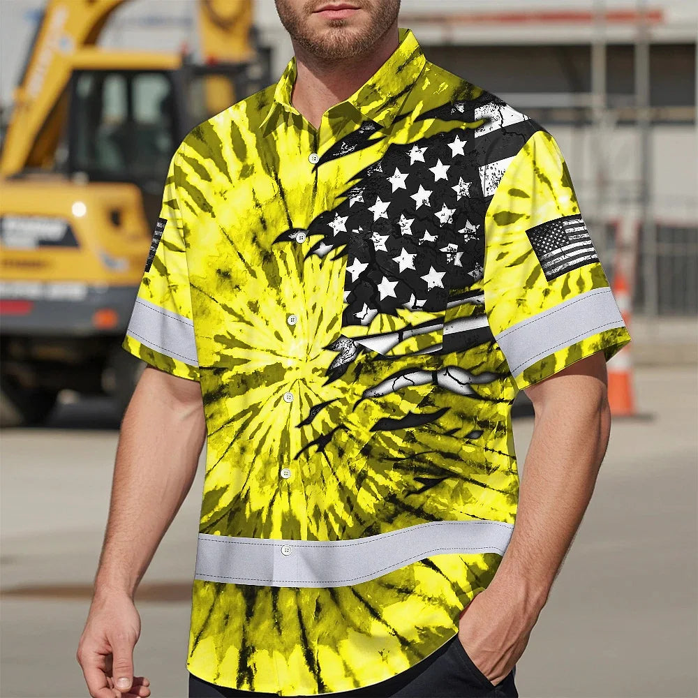 Hi Vis Hawaiian Shirt Reflective Tapes Yellow Tie Dye US Flag Scratch Custom Name Safety Workwear For Workers, Runners, Cyclists
