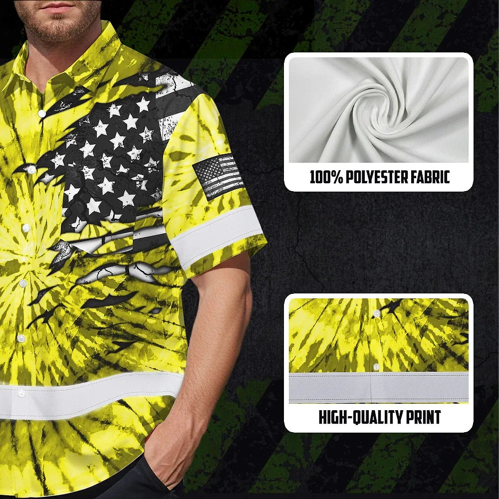 Hi Vis Hawaiian Shirt Reflective Tapes Yellow Tie Dye US Flag Scratch Custom Name Safety Workwear For Workers, Runners, Cyclists