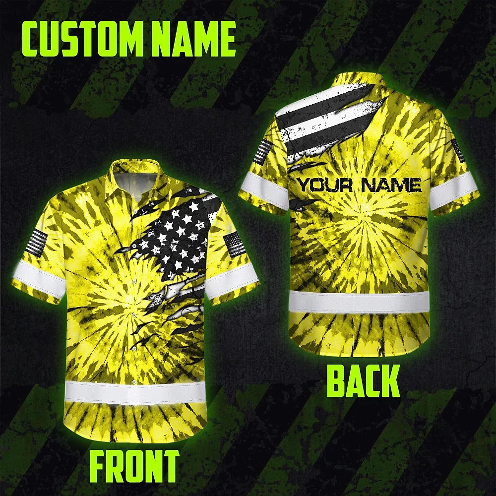 Hi Vis Hawaiian Shirt Reflective Tapes Yellow Tie Dye US Flag Scratch Custom Name Safety Workwear For Workers, Runners, Cyclists