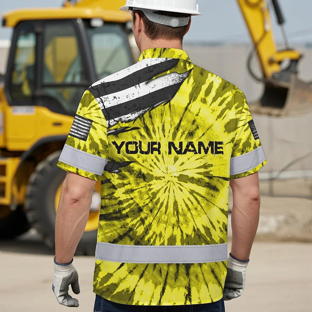Hi Vis Hawaiian Shirt Reflective Tapes Yellow Tie Dye US Flag Scratch Custom Name Safety Workwear For Workers, Runners, Cyclists