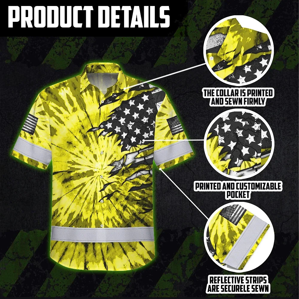 Hi Vis Hawaiian Shirt Reflective Tapes Yellow Tie Dye US Flag Scratch Custom Name Safety Workwear For Workers, Runners, Cyclists