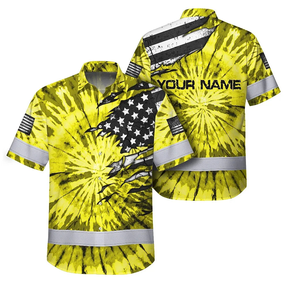 Hi Vis Hawaiian Shirt Reflective Tapes Yellow Tie Dye US Flag Scratch Custom Name Safety Workwear For Workers, Runners, Cyclists