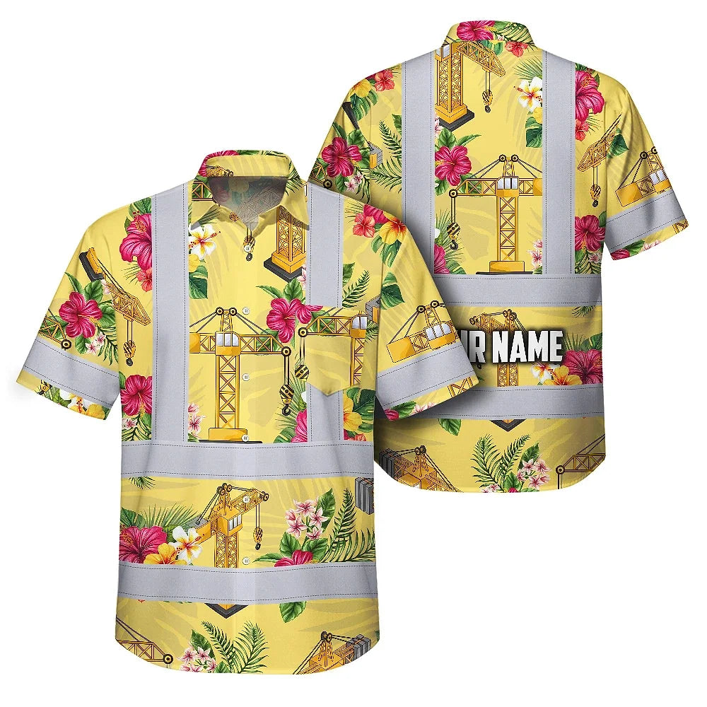 Hi Vis Hawaiian Shirt Reflective Tapes Yellow  Tower Crane Custom Name Safety Workwear For Workers, Truckers, Operators