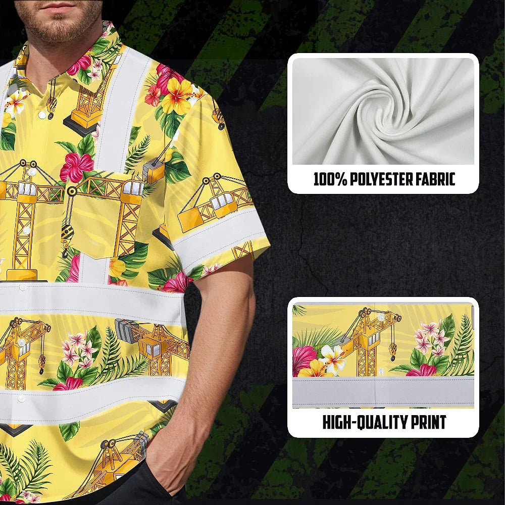 Hi Vis Hawaiian Shirt Reflective Tapes Yellow  Tower Crane Custom Name Safety Workwear For Workers, Truckers, Operators