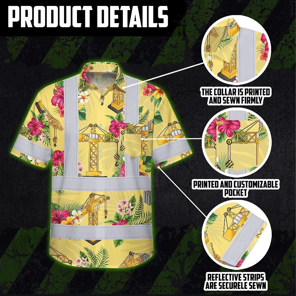 Hi Vis Hawaiian Shirt Reflective Tapes Yellow  Tower Crane Custom Name Safety Workwear For Workers, Truckers, Operators