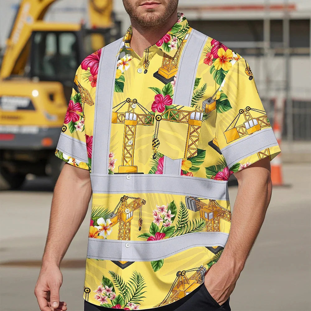 Hi Vis Hawaiian Shirt Reflective Tapes Yellow  Tower Crane Custom Name Safety Workwear For Workers, Truckers, Operators