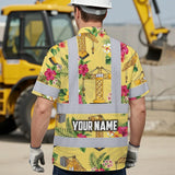 Hi Vis Hawaiian Shirt Reflective Tapes Yellow  Tower Crane Custom Name Safety Workwear For Workers, Truckers, Operators