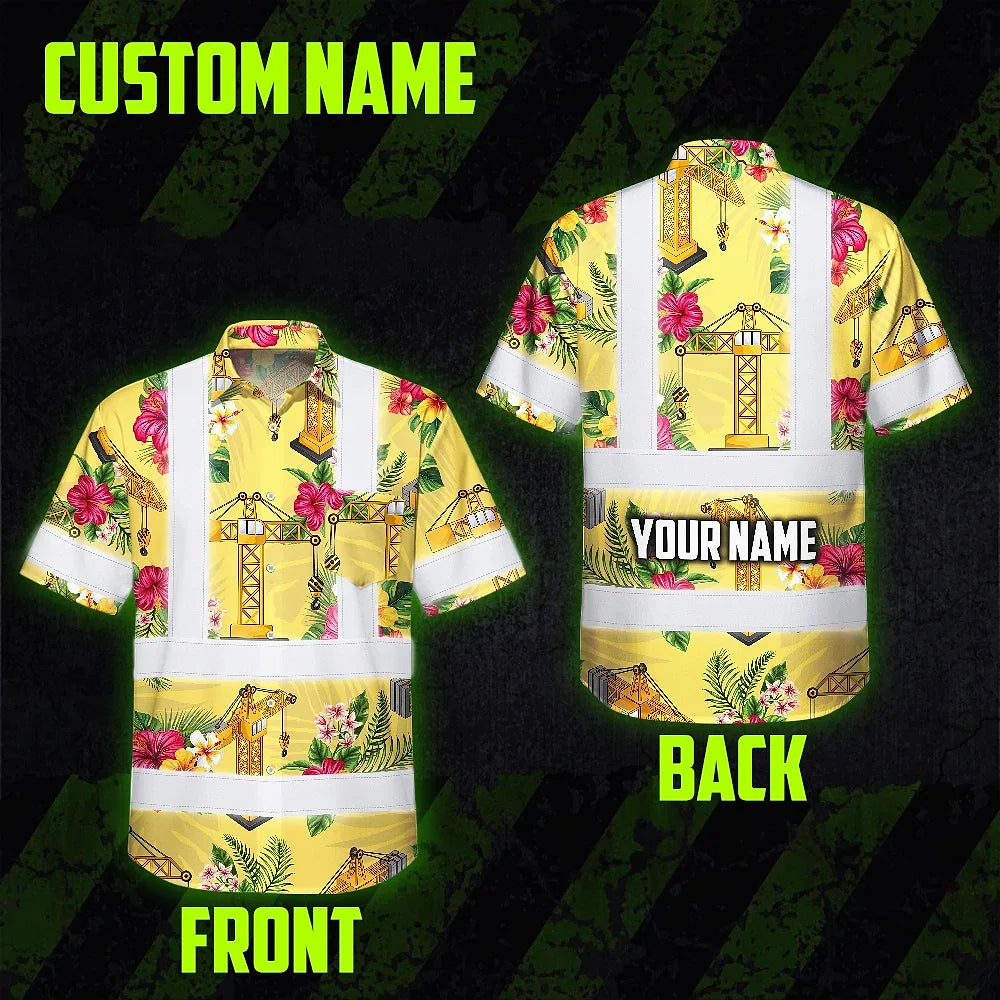 Hi Vis Hawaiian Shirt Reflective Tapes Yellow  Tower Crane Custom Name Safety Workwear For Workers, Truckers, Operators
