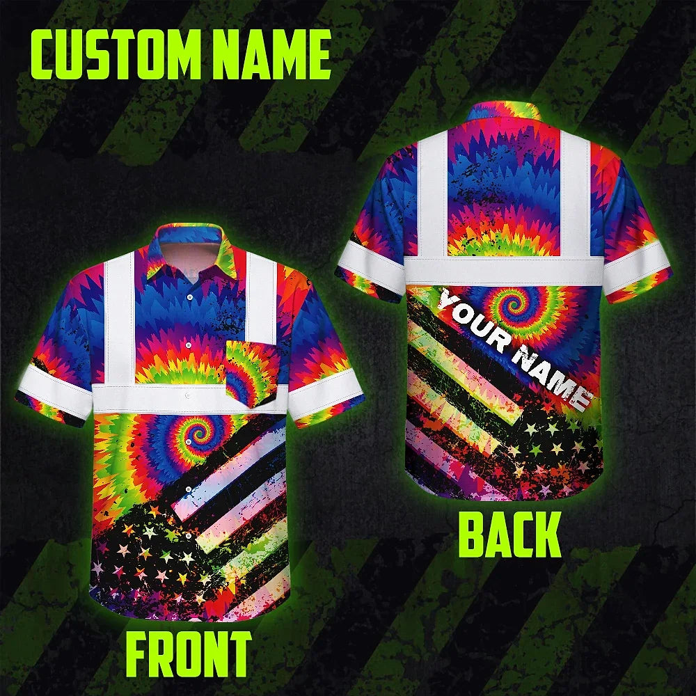 Hi Vis Hawaiian Shirt Reflective Tie Dye 2 US Flag Paint Custom Name Safety Workwear For Workers, Runners, Cyclists