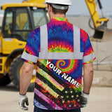Hi Vis Hawaiian Shirt Reflective Tie Dye 2 US Flag Paint Custom Name Safety Workwear For Workers, Runners, Cyclists