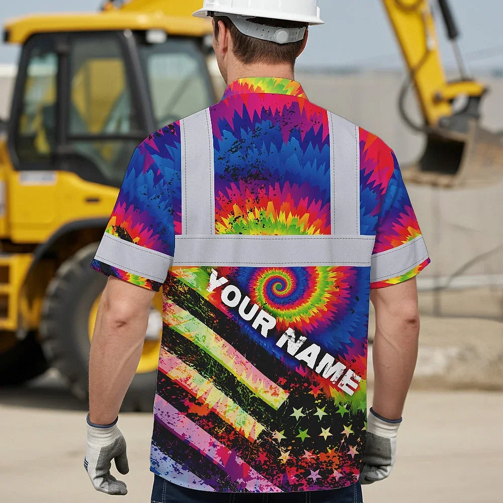 Hi Vis Hawaiian Shirt Reflective Tie Dye 2 US Flag Paint Custom Name Safety Workwear For Workers, Runners, Cyclists