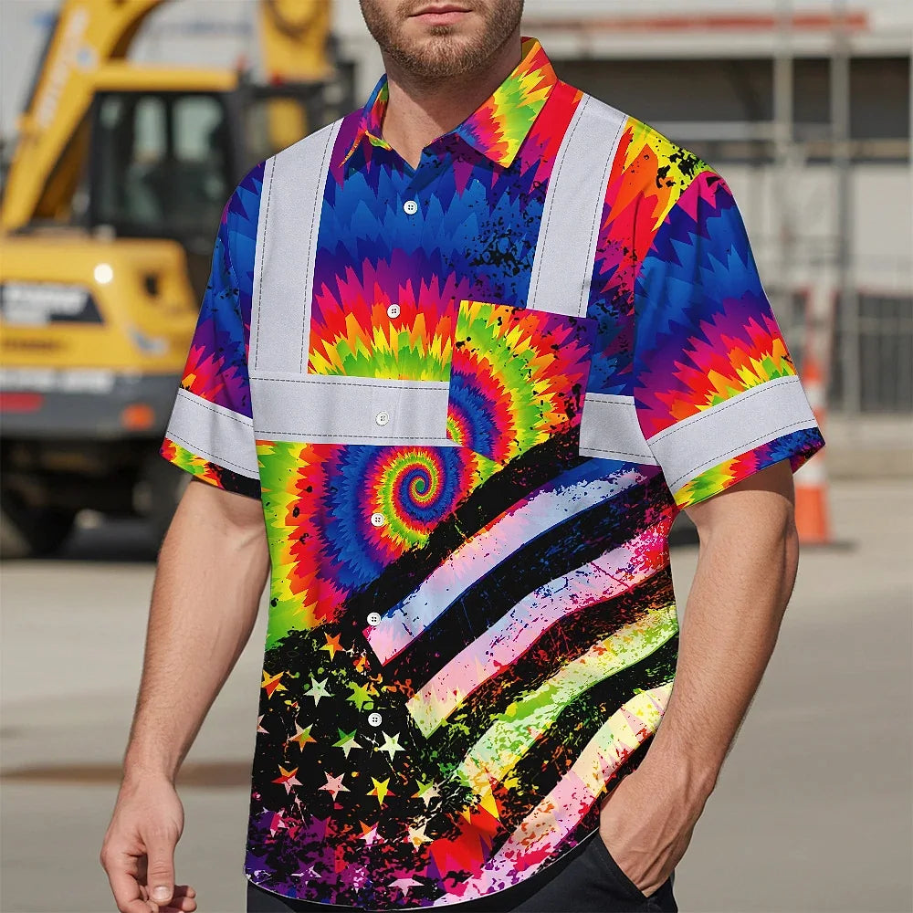 Hi Vis Hawaiian Shirt Reflective Tie Dye 2 US Flag Paint Custom Name Safety Workwear For Workers, Runners, Cyclists