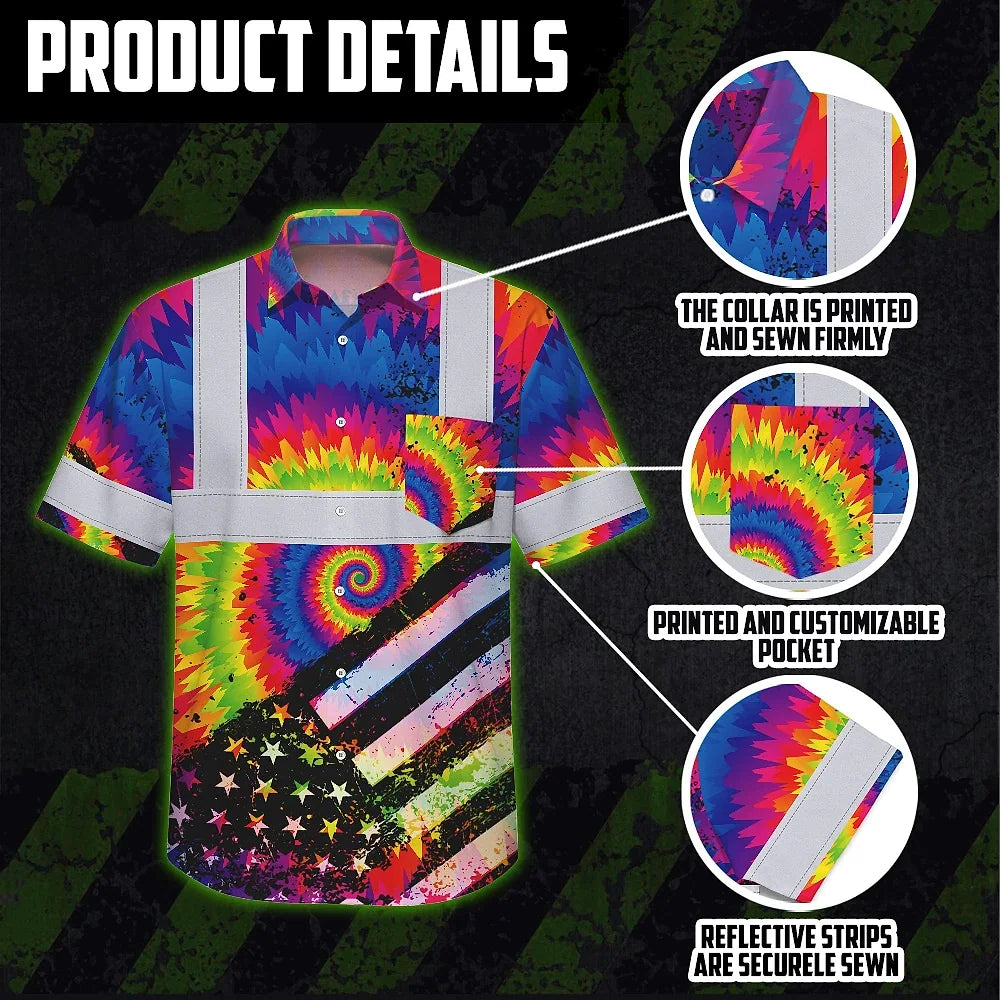 Hi Vis Hawaiian Shirt Reflective Tie Dye 2 US Flag Paint Custom Name Safety Workwear For Workers, Runners, Cyclists