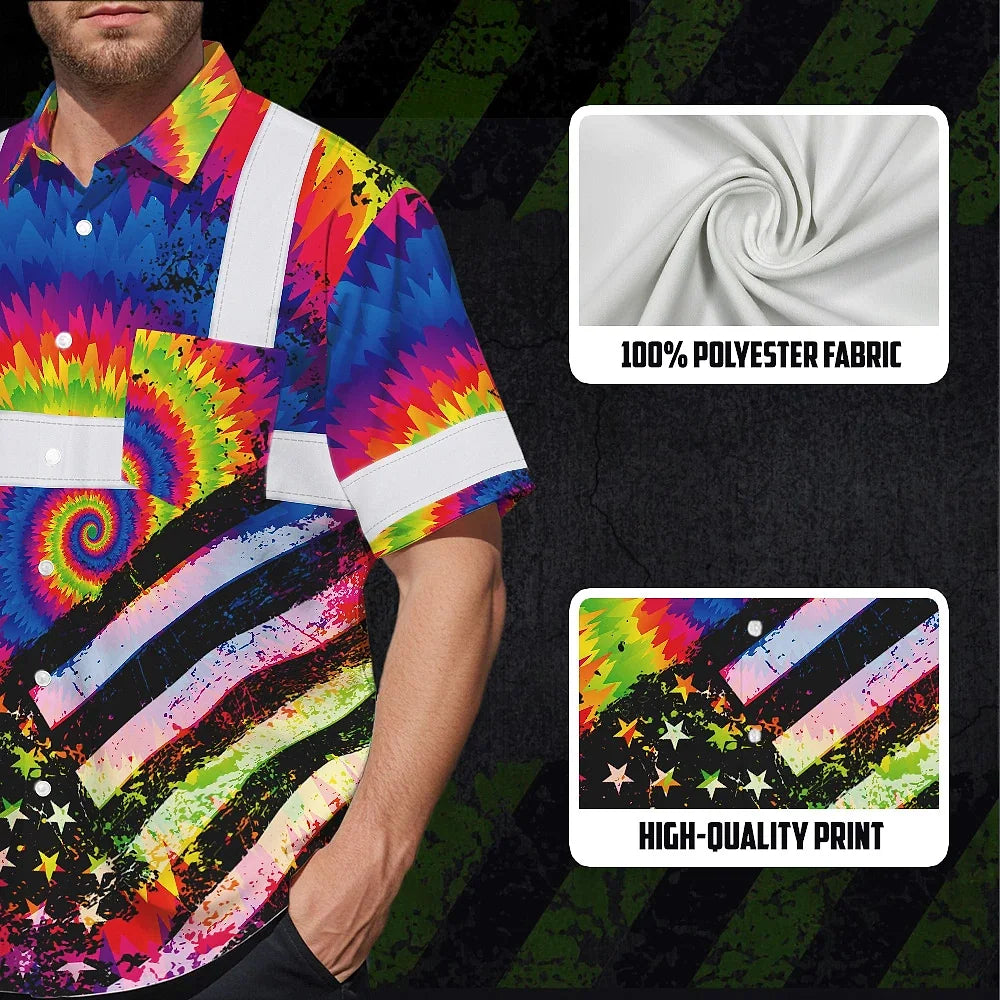 Hi Vis Hawaiian Shirt Reflective Tie Dye 2 US Flag Paint Custom Name Safety Workwear For Workers, Runners, Cyclists