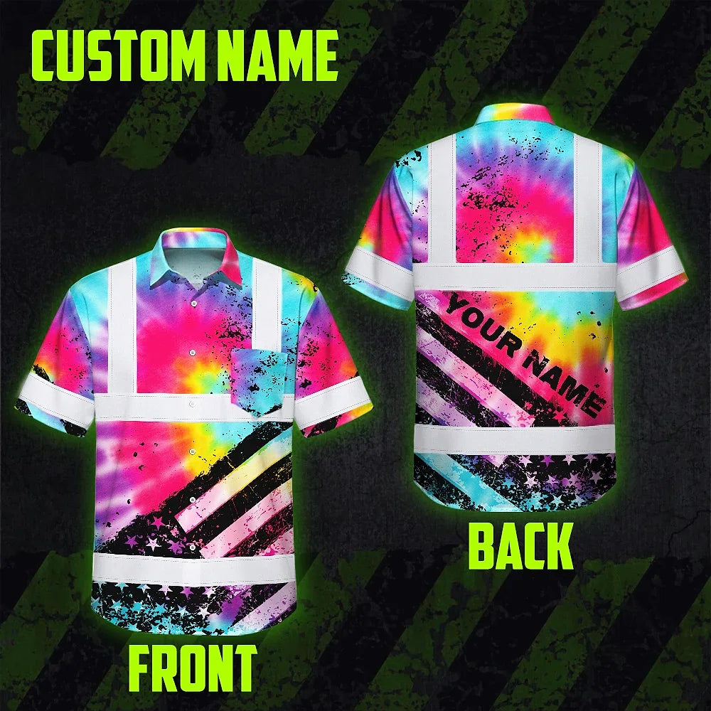 Hi Vis Hawaiian Shirt Reflective Tie Dye US Flag Paint Custom Name Safety Workwear For Workers, Runners, Cyclists