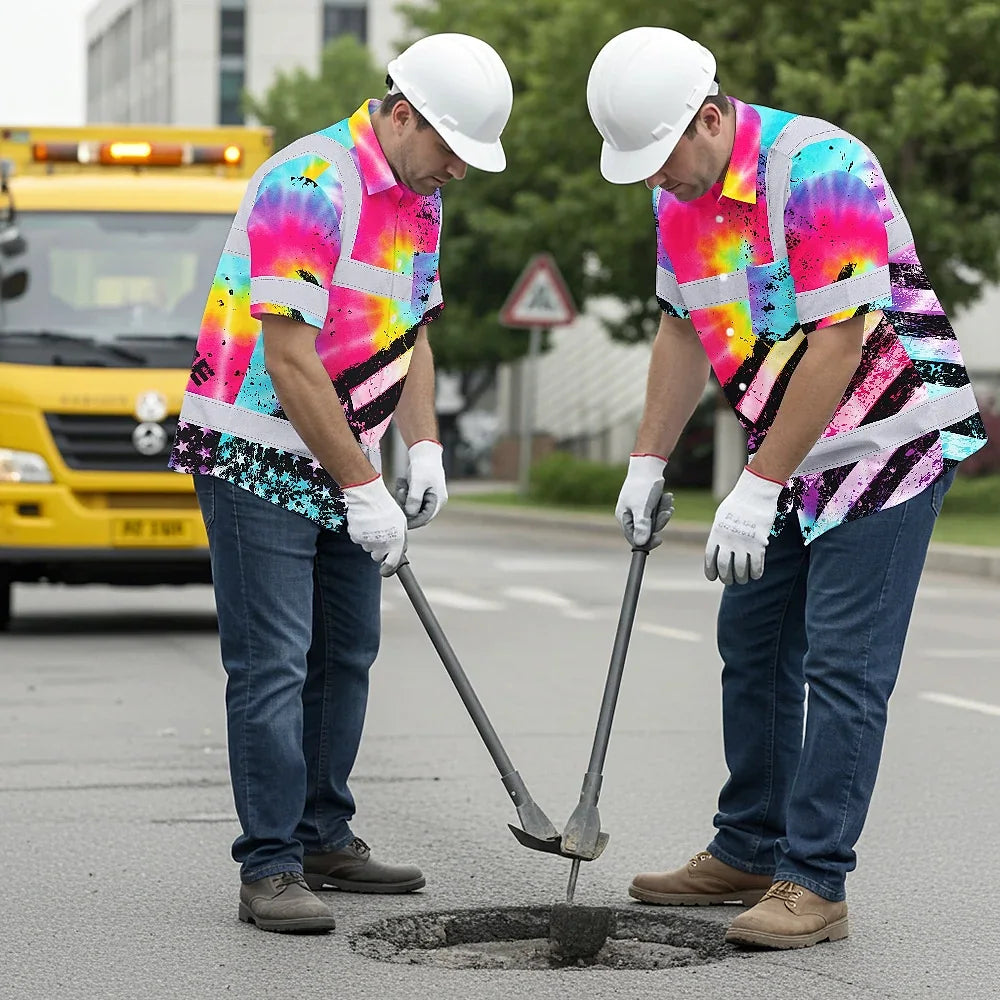Hi Vis Hawaiian Shirt Reflective Tie Dye US Flag Paint Custom Name Safety Workwear For Workers, Runners, Cyclists