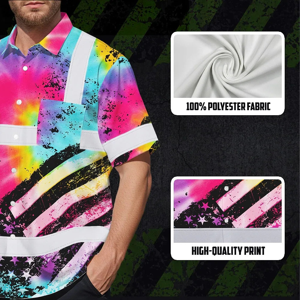 Hi Vis Hawaiian Shirt Reflective Tie Dye US Flag Paint Custom Name Safety Workwear For Workers, Runners, Cyclists