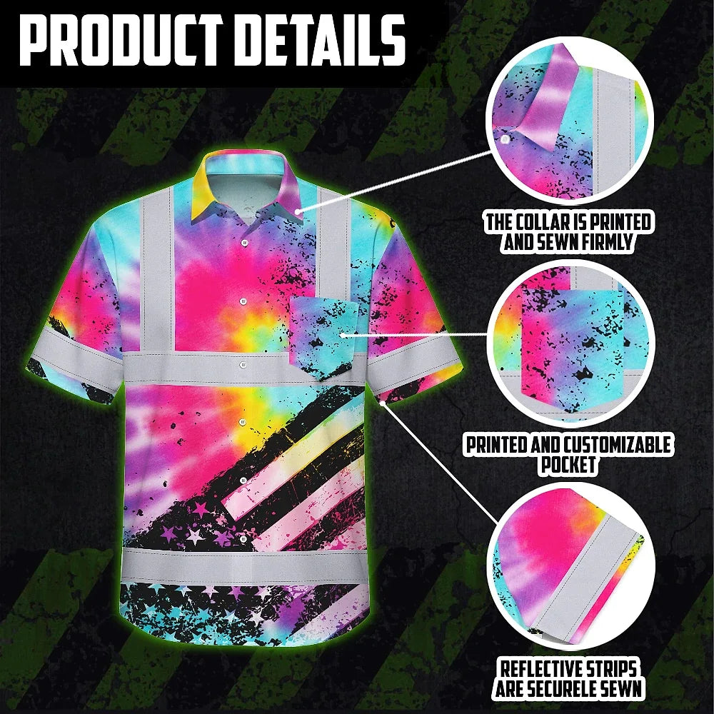 Hi Vis Hawaiian Shirt Reflective Tie Dye US Flag Paint Custom Name Safety Workwear For Workers, Runners, Cyclists