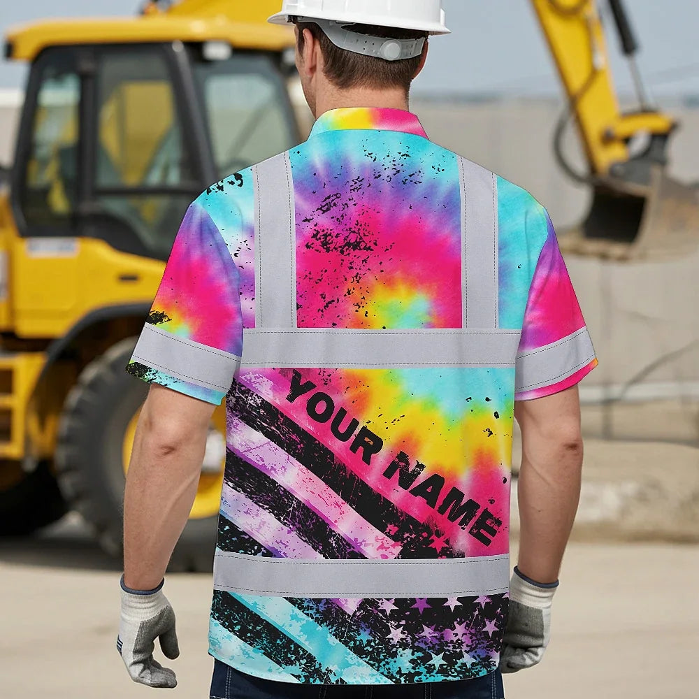 Hi Vis Hawaiian Shirt Reflective Tie Dye US Flag Paint Custom Name Safety Workwear For Workers, Runners, Cyclists