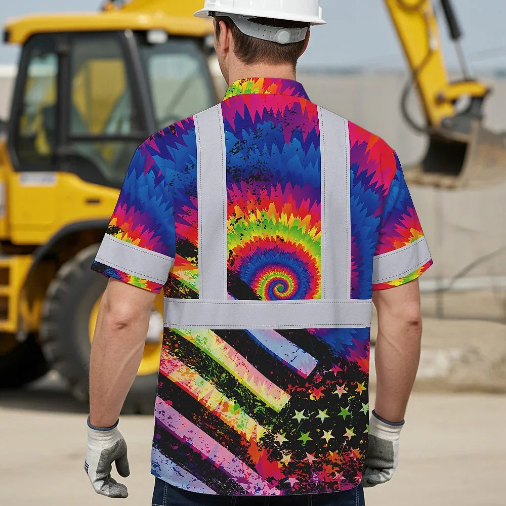 Hi Vis Hawaiian Shirt Reflective Tie Dye US Flag Paint Safety Workwear For Worker, Motorcycle Bicycle, Runner