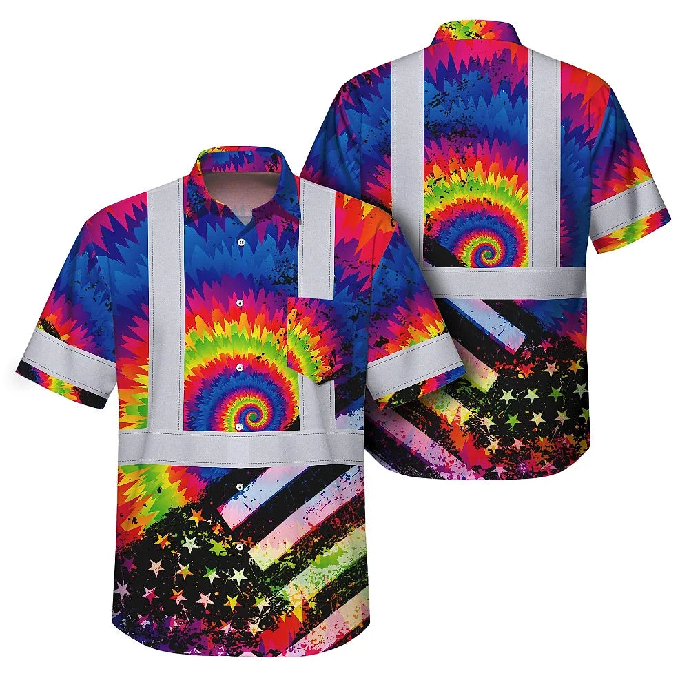 Hi Vis Hawaiian Shirt Reflective Tie Dye US Flag Paint Safety Workwear For Worker, Motorcycle Bicycle, Runner