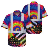 Hi Vis Hawaiian Shirt Reflective Tie Dye US Flag Paint Safety Workwear For Worker, Motorcycle Bicycle, Runner