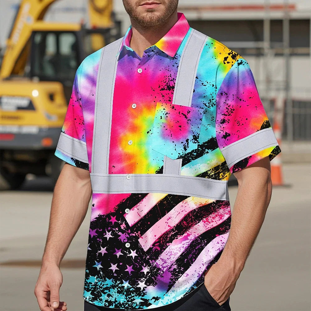 Hi Vis Hawaiian Shirt Reflective Tie Dye US Flag Paint Safety Workwear For Worker, Motorcycle Bicycle, Runner