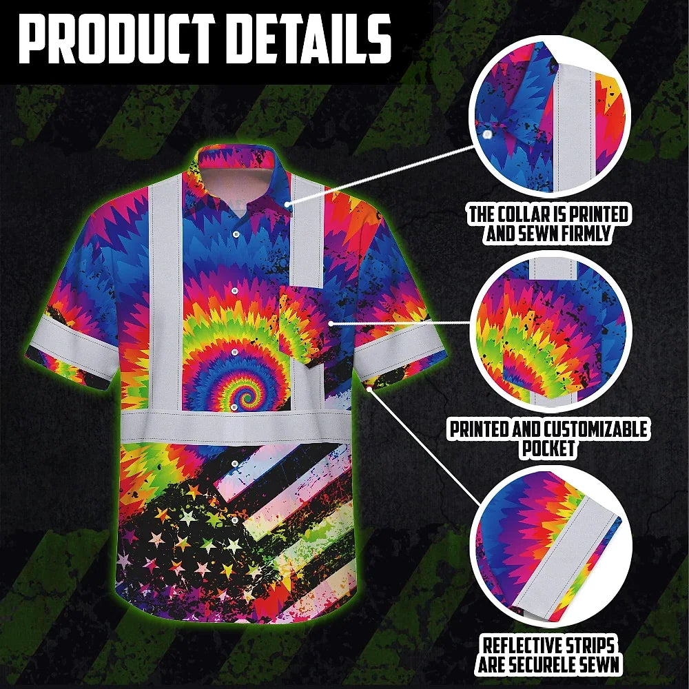 Hi Vis Hawaiian Shirt Reflective Tie Dye US Flag Paint Safety Workwear For Worker, Motorcycle Bicycle, Runner