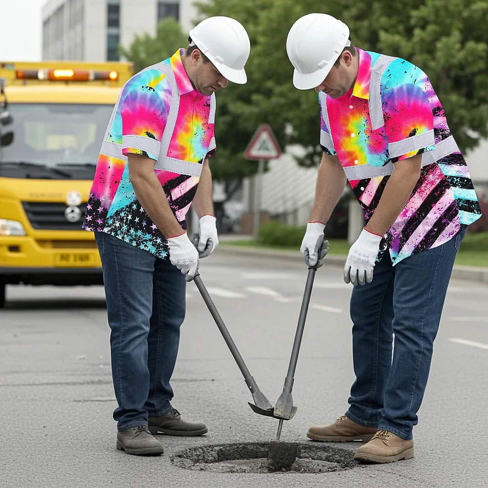 Hi Vis Hawaiian Shirt Reflective Tie Dye US Flag Paint Safety Workwear For Worker, Motorcycle Bicycle, Runner