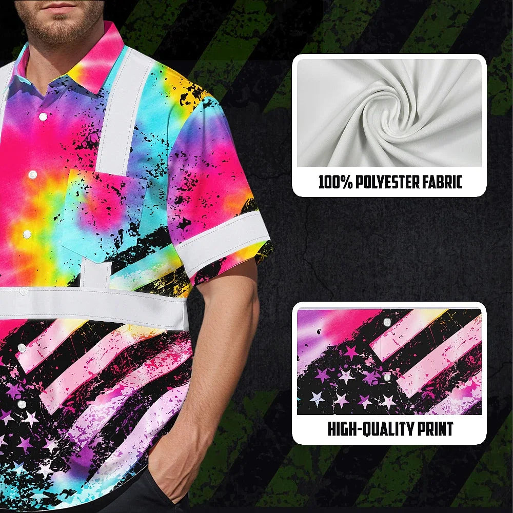 Hi Vis Hawaiian Shirt Reflective Tie Dye US Flag Paint Safety Workwear For Worker, Motorcycle Bicycle, Runner