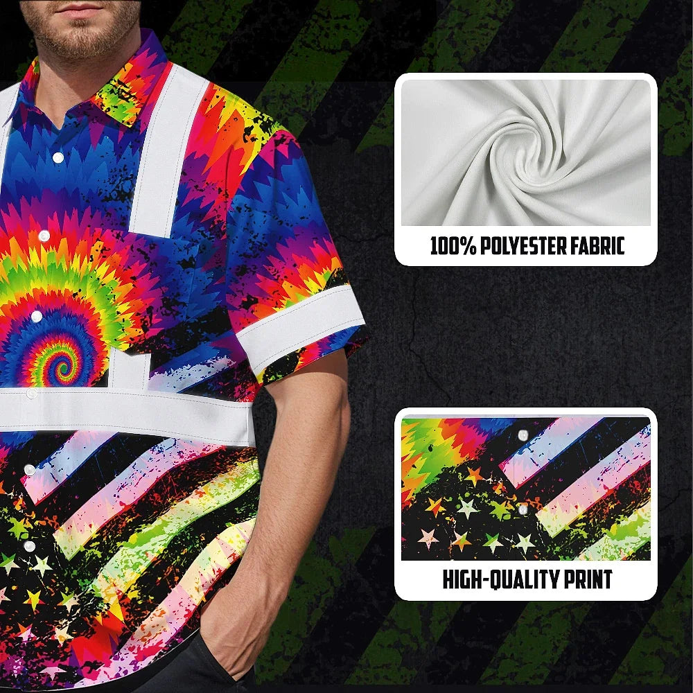 Hi Vis Hawaiian Shirt Reflective Tie Dye US Flag Paint Safety Workwear For Worker, Motorcycle Bicycle, Runner