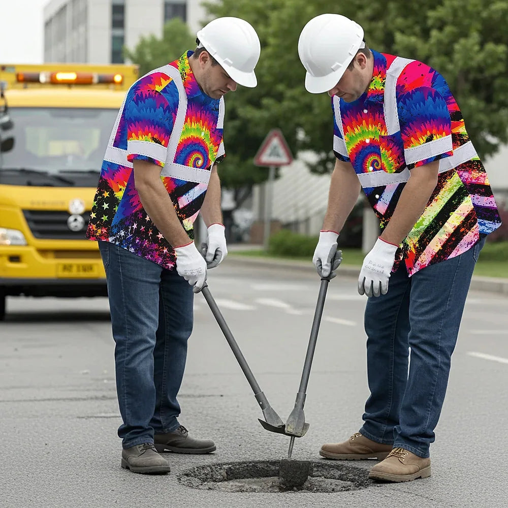 Hi Vis Hawaiian Shirt Reflective Tie Dye US Flag Paint Safety Workwear For Worker, Motorcycle Bicycle, Runner