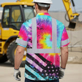 Hi Vis Hawaiian Shirt Reflective Tie Dye US Flag Paint Safety Workwear For Worker, Motorcycle Bicycle, Runner