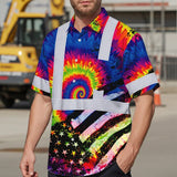 Hi Vis Hawaiian Shirt Reflective Tie Dye US Flag Paint Safety Workwear For Worker, Motorcycle Bicycle, Runner