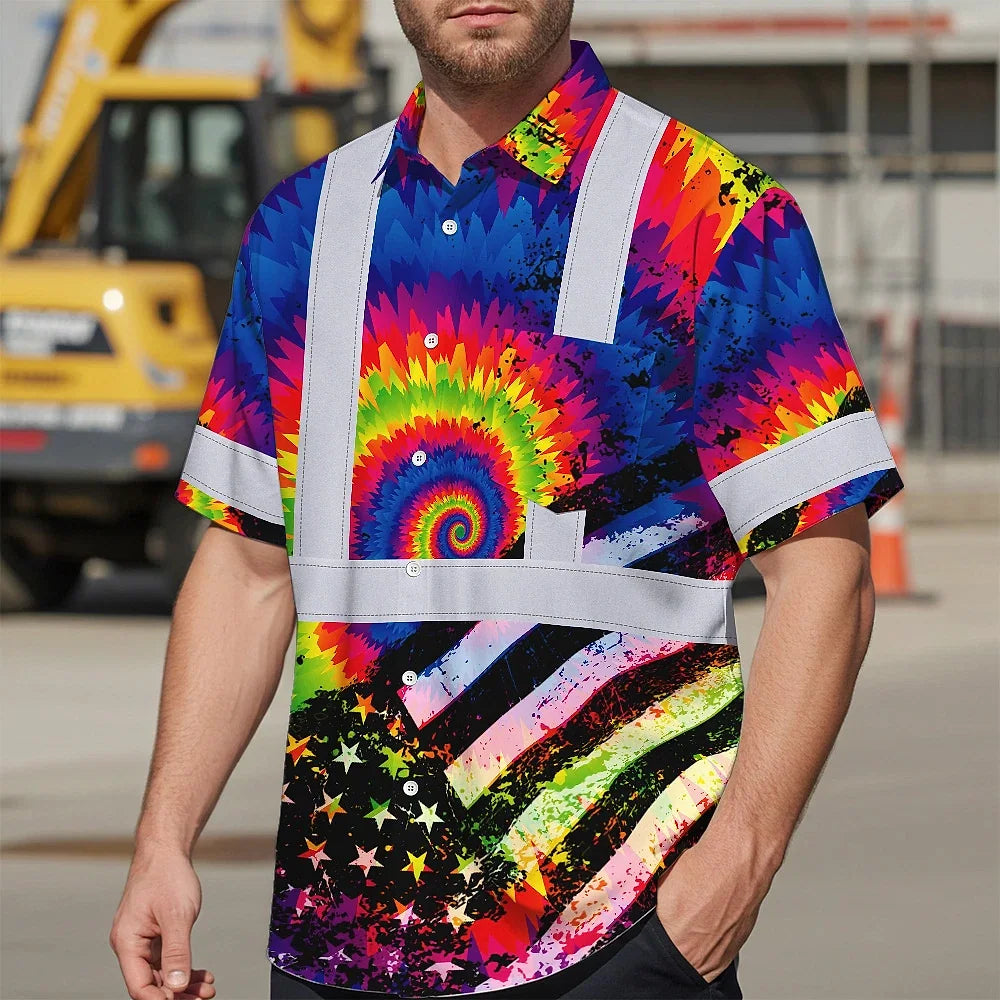 Hi Vis Hawaiian Shirt Reflective Tie Dye US Flag Paint Safety Workwear For Worker, Motorcycle Bicycle, Runner