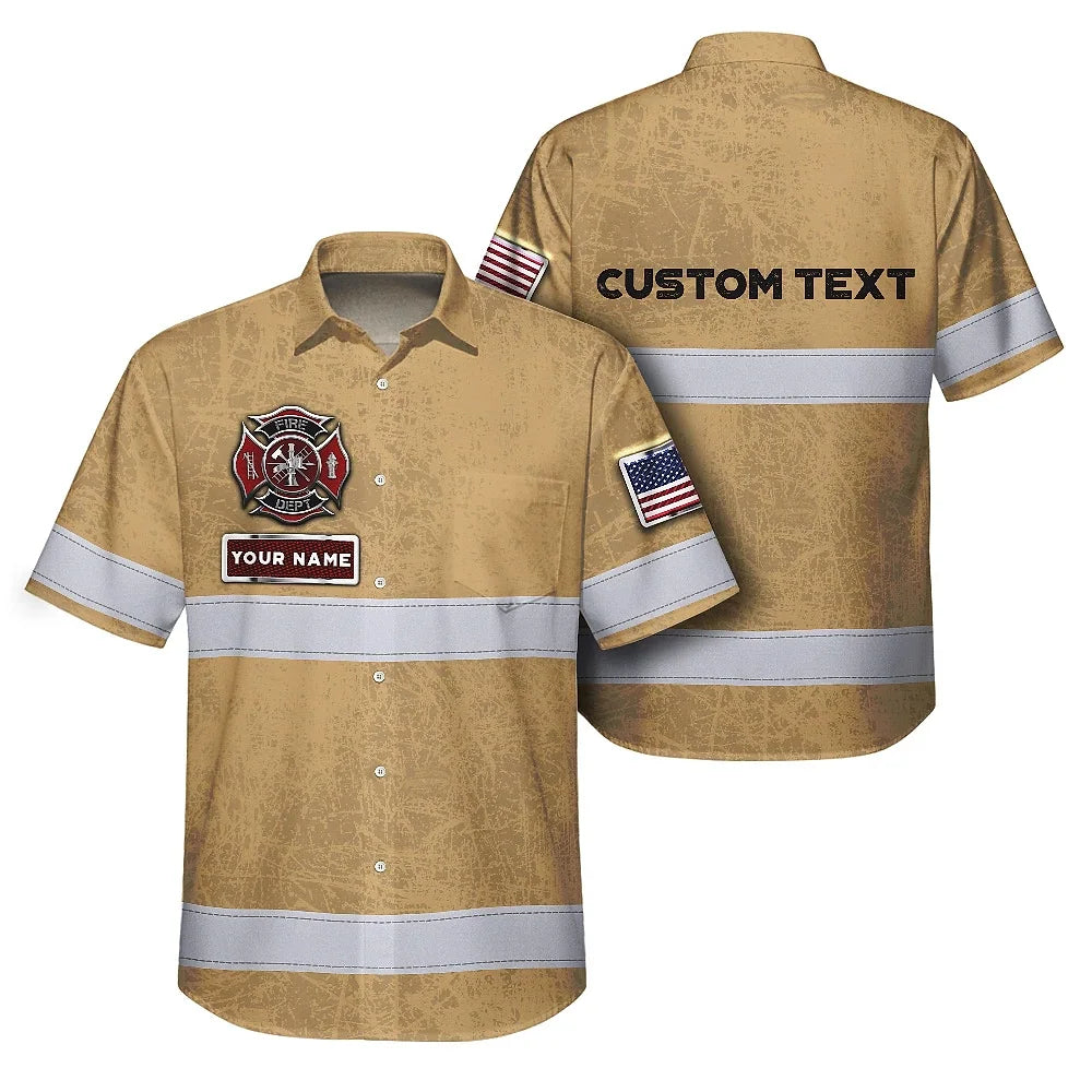 Hi Vis Hawaiian Shirt Reflective US Firefighter Custom Name Safety Workwear For Workers, Truckers, Operators