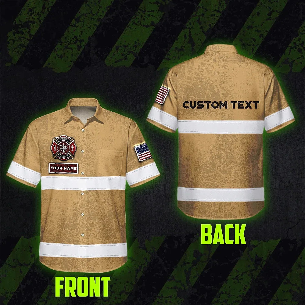 Hi Vis Hawaiian Shirt Reflective US Firefighter Custom Name Safety Workwear For Workers, Truckers, Operators