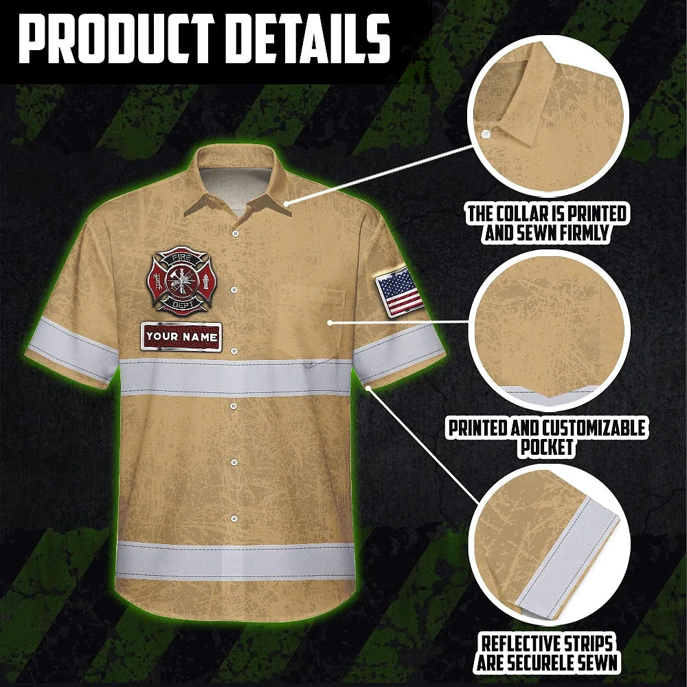 Hi Vis Hawaiian Shirt Reflective US Firefighter Custom Name Safety Workwear For Workers, Truckers, Operators