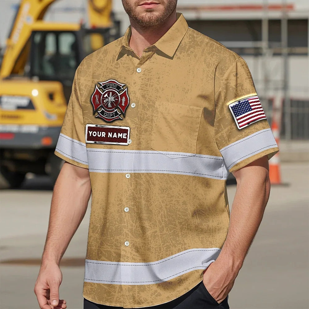 Hi Vis Hawaiian Shirt Reflective US Firefighter Custom Name Safety Workwear For Workers, Truckers, Operators