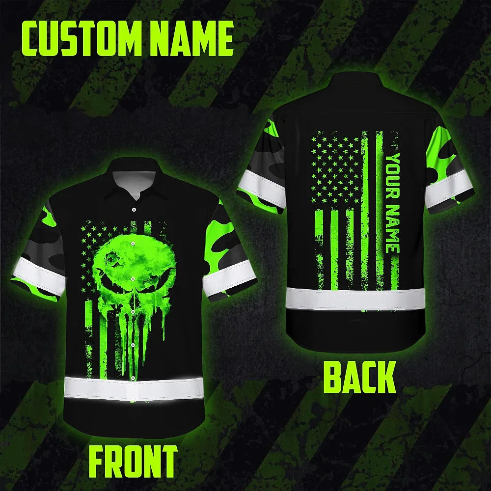 Hi Vis Hawaiian Shirt Reflective US Flag Camo Skull Custom Name Safety Workwear For Runners, Truckers, Skull Lovers