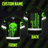 Hi Vis Hawaiian Shirt Reflective US Flag Camo Skull Custom Name Safety Workwear For Runners, Truckers, Skull Lovers