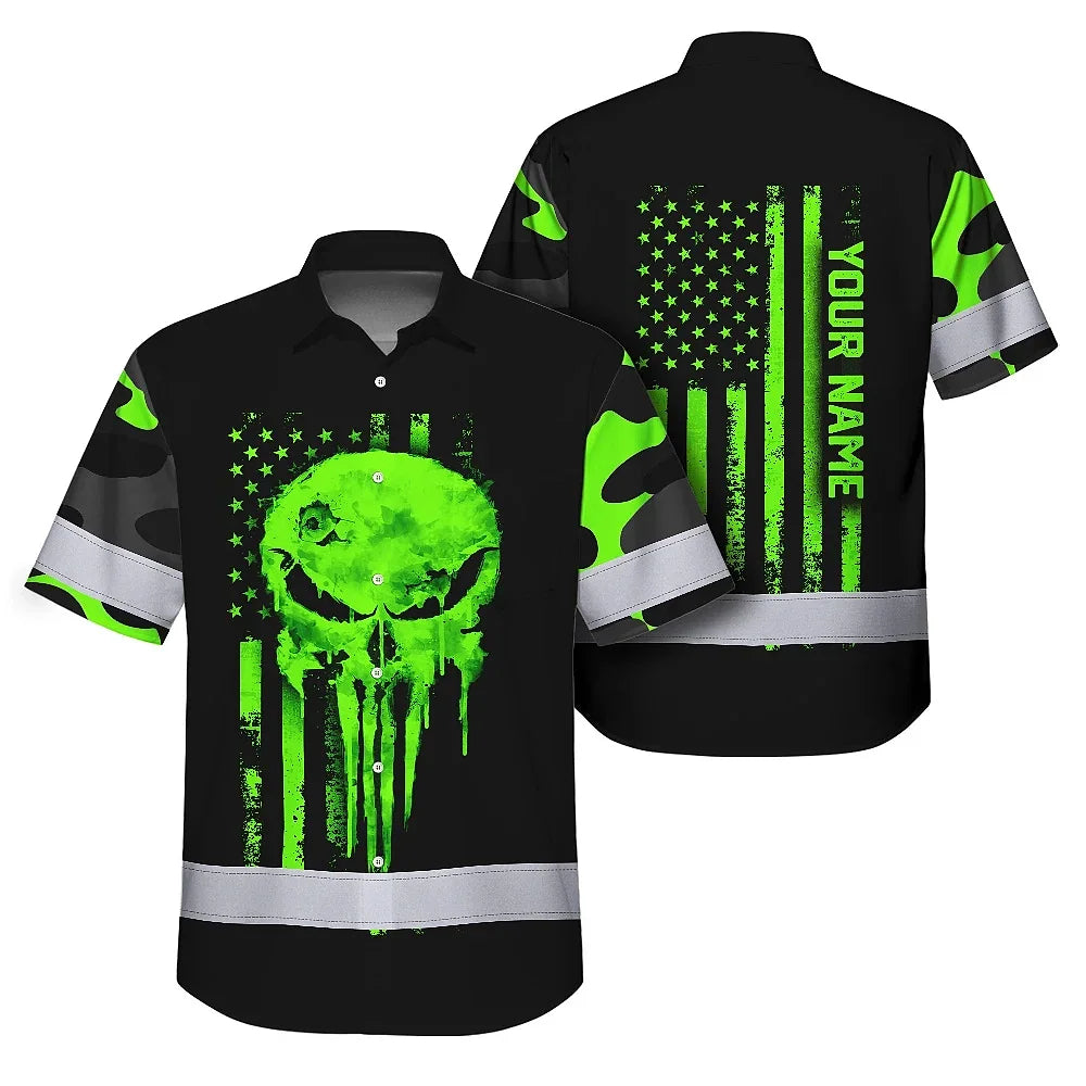 Hi Vis Hawaiian Shirt Reflective US Flag Camo Skull Custom Name Safety Workwear For Runners, Truckers, Skull Lovers
