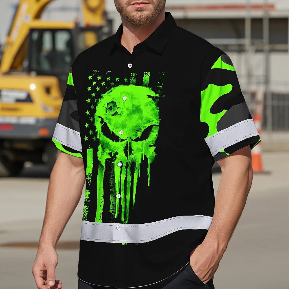 Hi Vis Hawaiian Shirt Reflective US Flag Camo Skull Custom Name Safety Workwear For Runners, Truckers, Skull Lovers