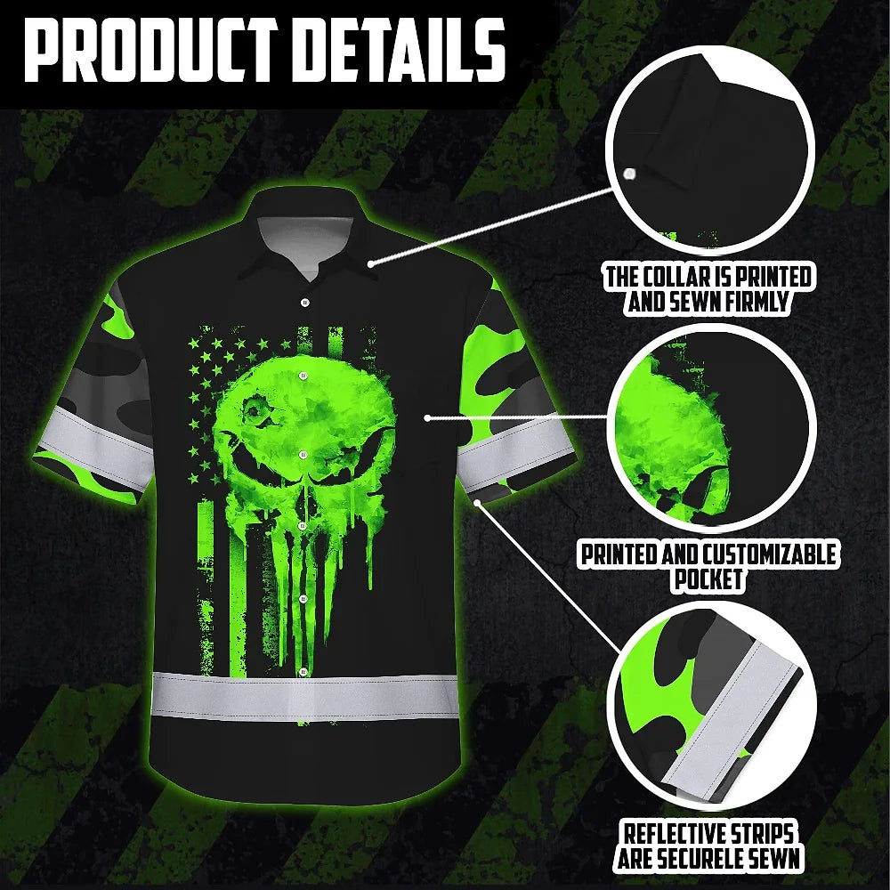 Hi Vis Hawaiian Shirt Reflective US Flag Camo Skull Custom Name Safety Workwear For Runners, Truckers, Skull Lovers