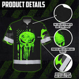 Hi Vis Hawaiian Shirt Reflective US Flag Camo Skull Custom Name Safety Workwear For Runners, Truckers, Skull Lovers