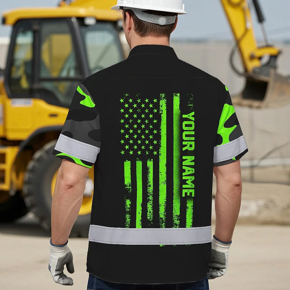 Hi Vis Hawaiian Shirt Reflective US Flag Camo Skull Custom Name Safety Workwear For Runners, Truckers, Skull Lovers